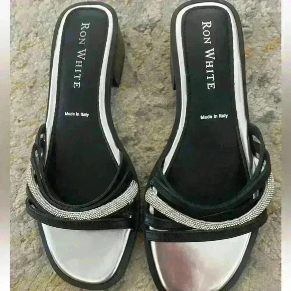 RON WHITE Vega Rhinestone Slide Sandal in Onyx Silver Size 37 New - Picture 2 of 4